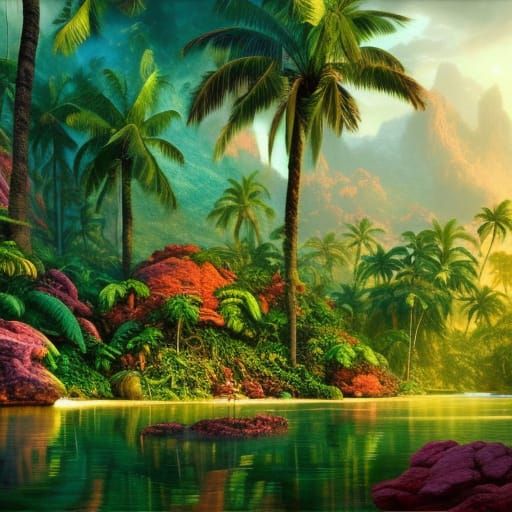 Colorful Tropical Jungle Paradise Painting