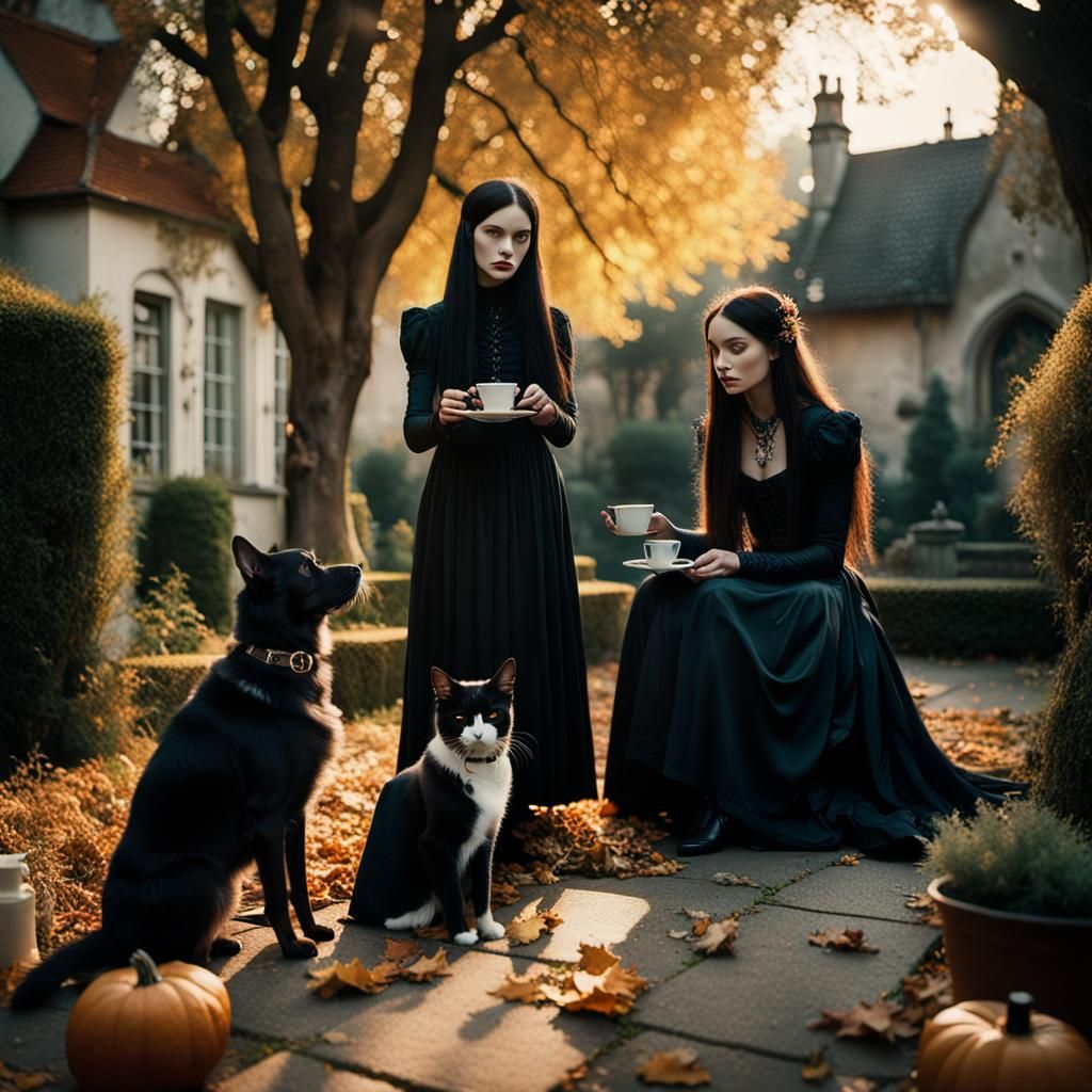 Gothic Goddesses' Tea Party in Autumn Light