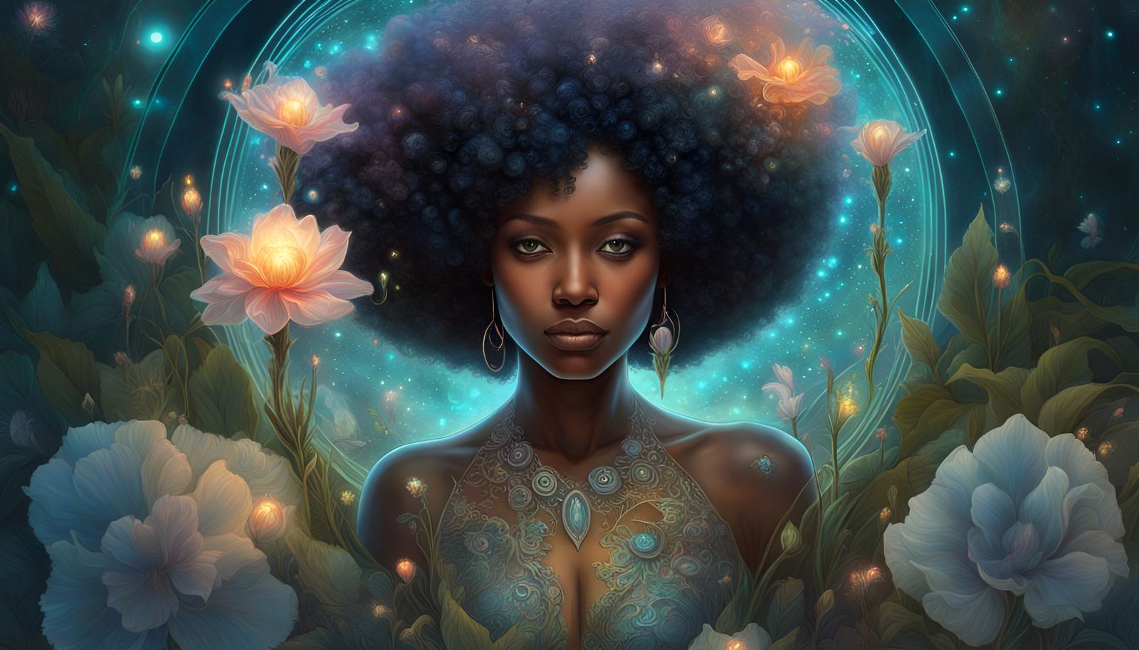 Holographic Afro-Latina Woman with Bioluminescent Flower