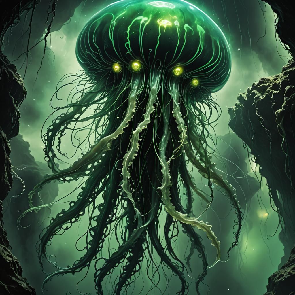 Demonic Jellyfish in Underwater Cavern: Dark Fantasy