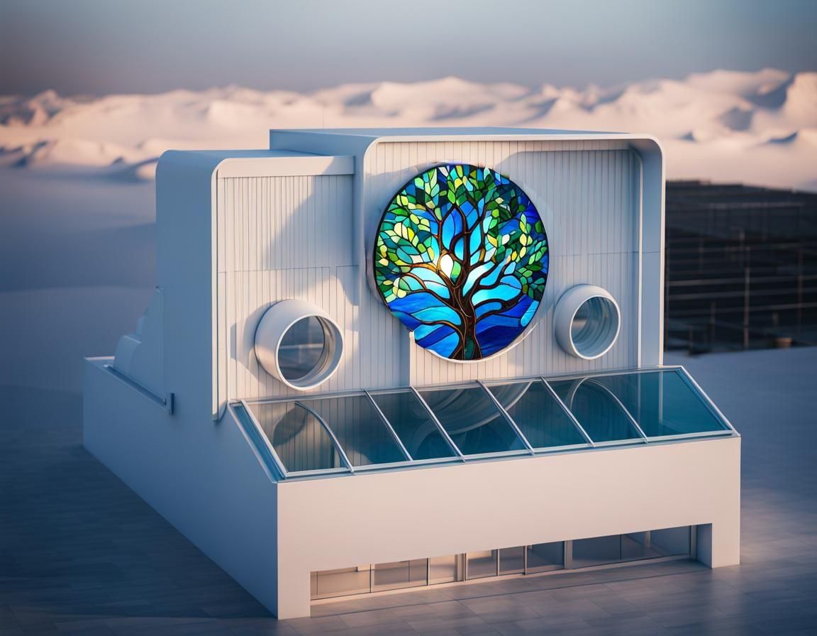 Minimalist White Building with Glass Panel, Digital Art