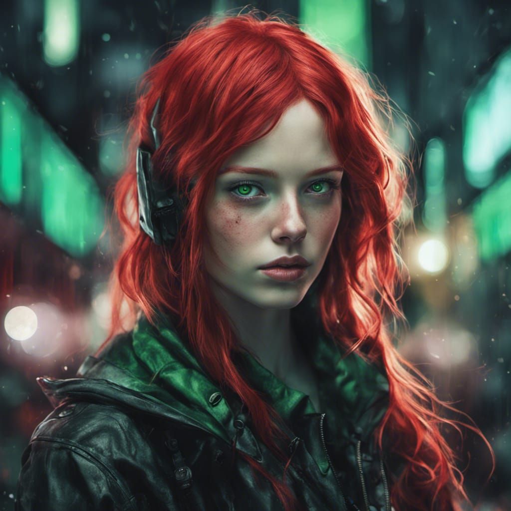 Enchanting Cyberpunk Girl Portrait with Red and Black Hair