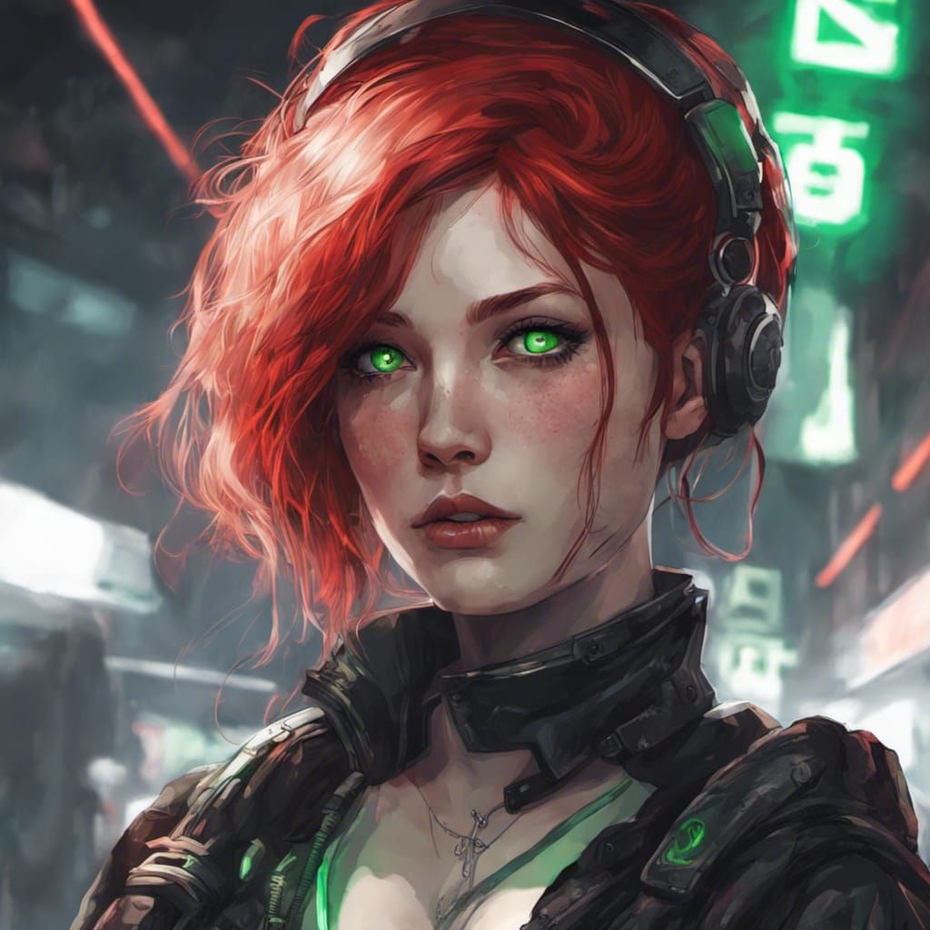 Enchanting Cyberpunk Girl Portrait with Red and Black Hair