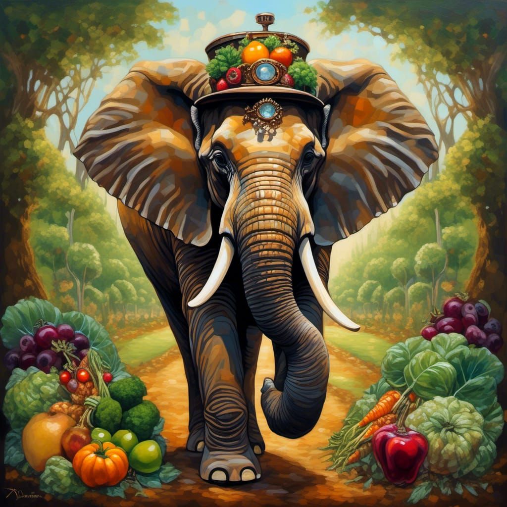 Steampunk Elephant with Jewels in Melting Oil Painting