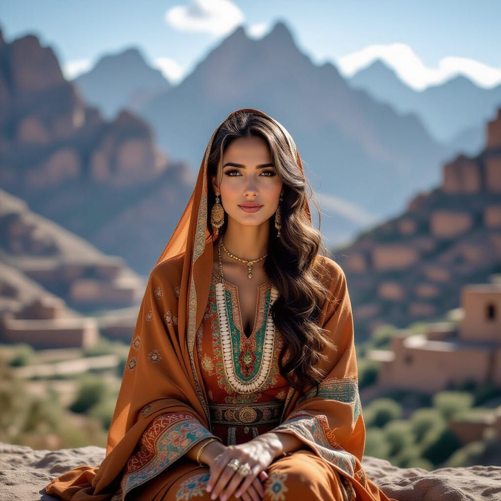Moroccan Woman Posing in Mountain Landscape