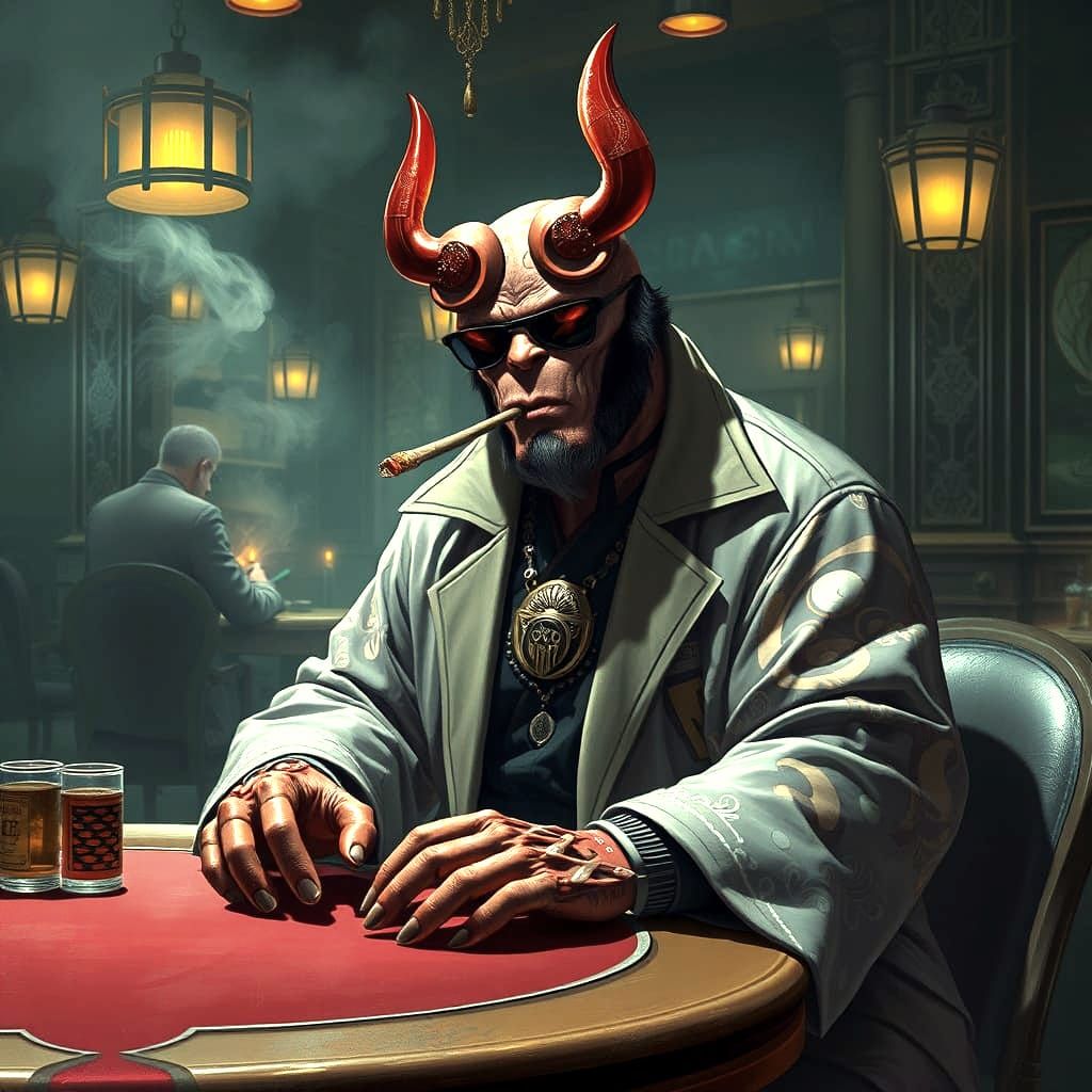 Cyborg Hellboy at a Poker Table in Art Deco Style