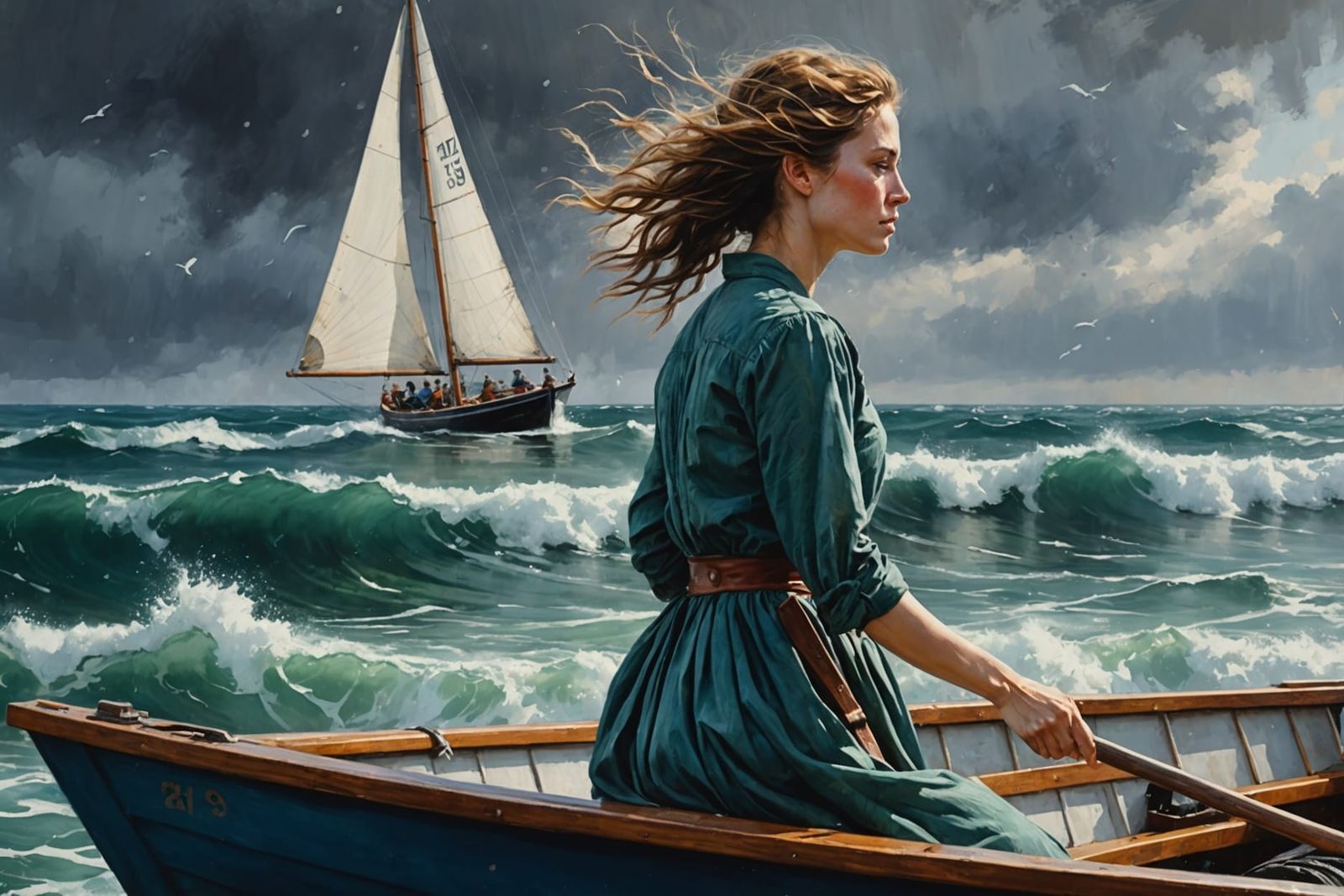 Woman Sailing in Storm, Acrylic Calligraphy Style