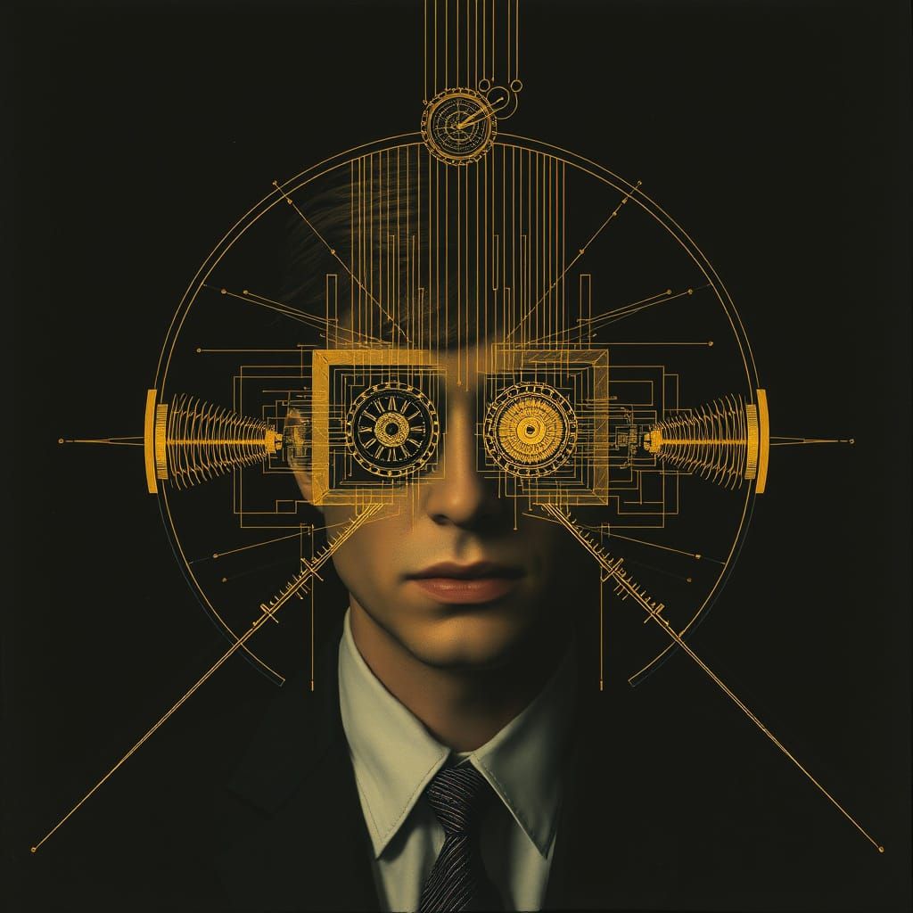 Surrealist Portrait of Enigmatic Figures in Golden Haze