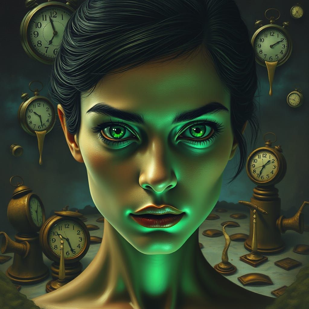Surreal Green Goddess with Melting Clocks in Emerald Dreamsc...