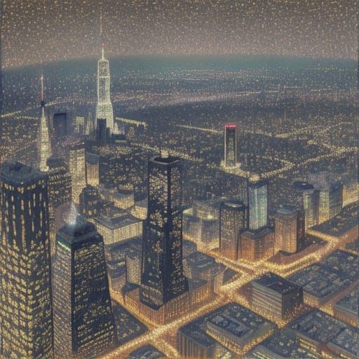 Seurat-Inspired Pointillist Metropolis at Night