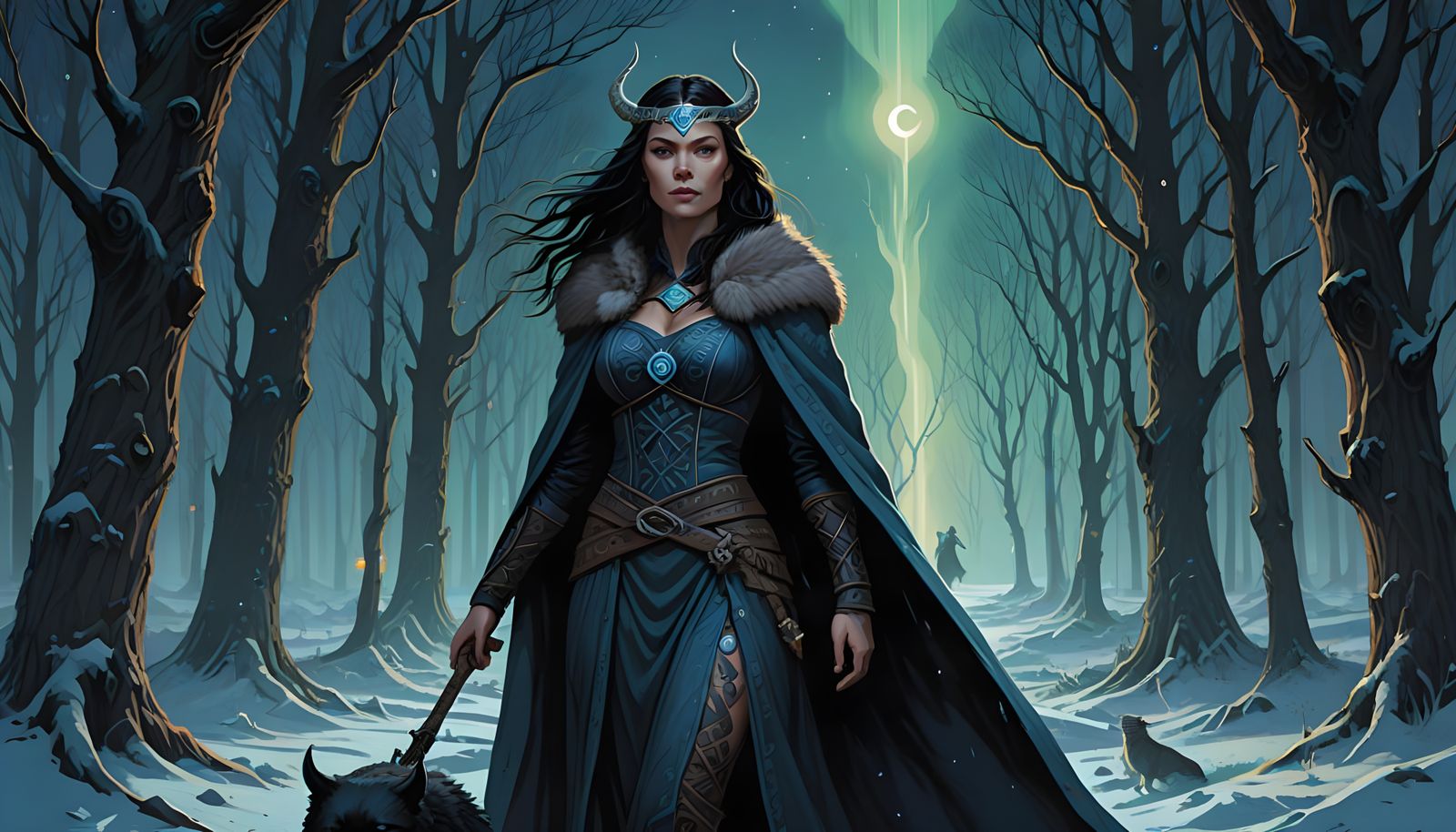 Viking Mystic in Enchanted Forest, Illuminated by the Aurora...