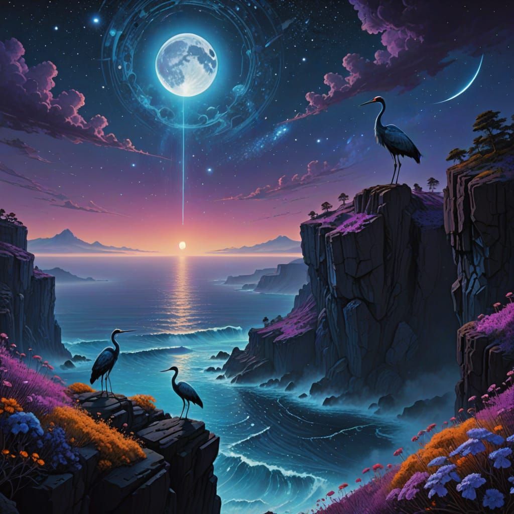 Lone Crane Over Cosmic Ocean, Bioluminescent Flowers