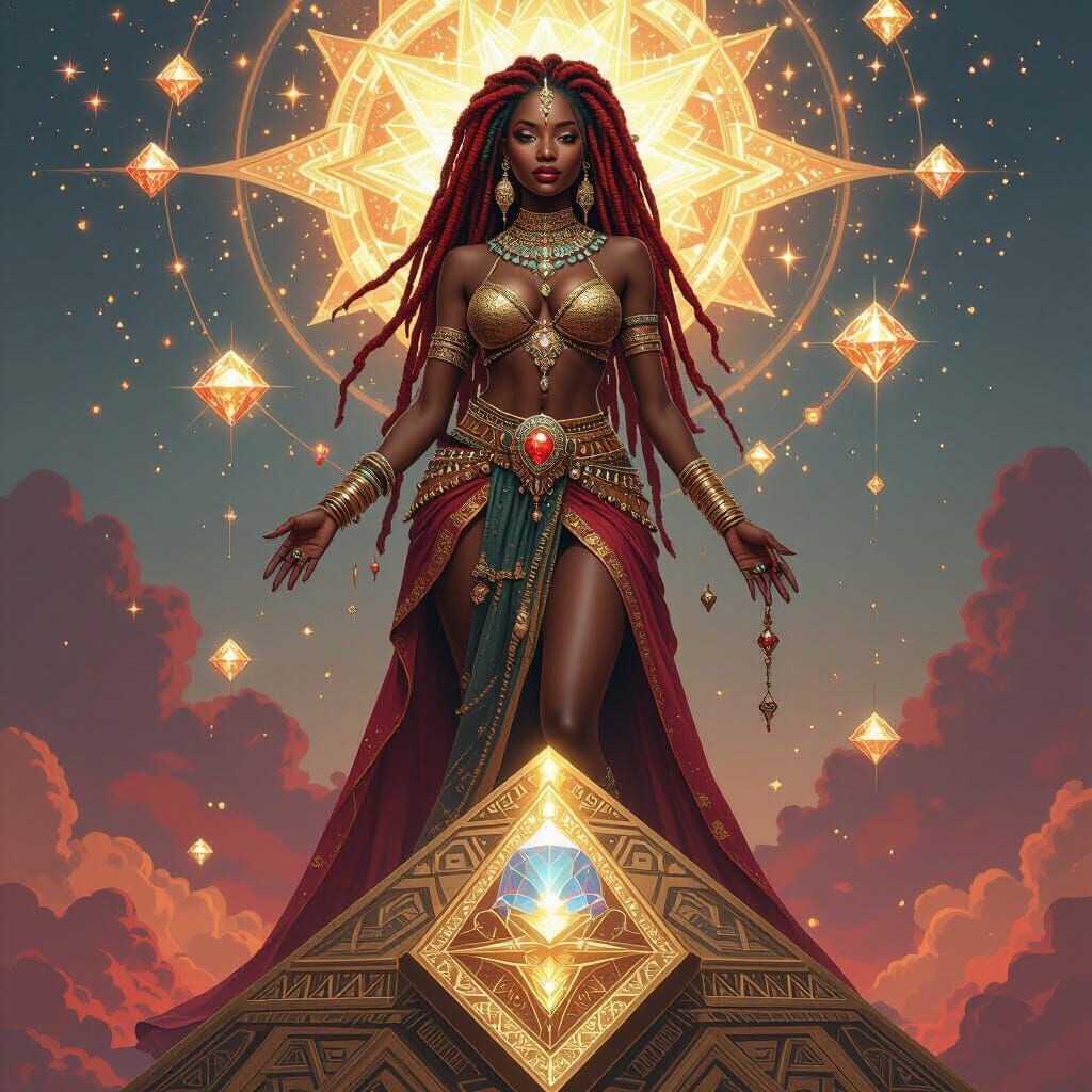 Nubian Queen on Diamond Pyramid in Cosmic Style