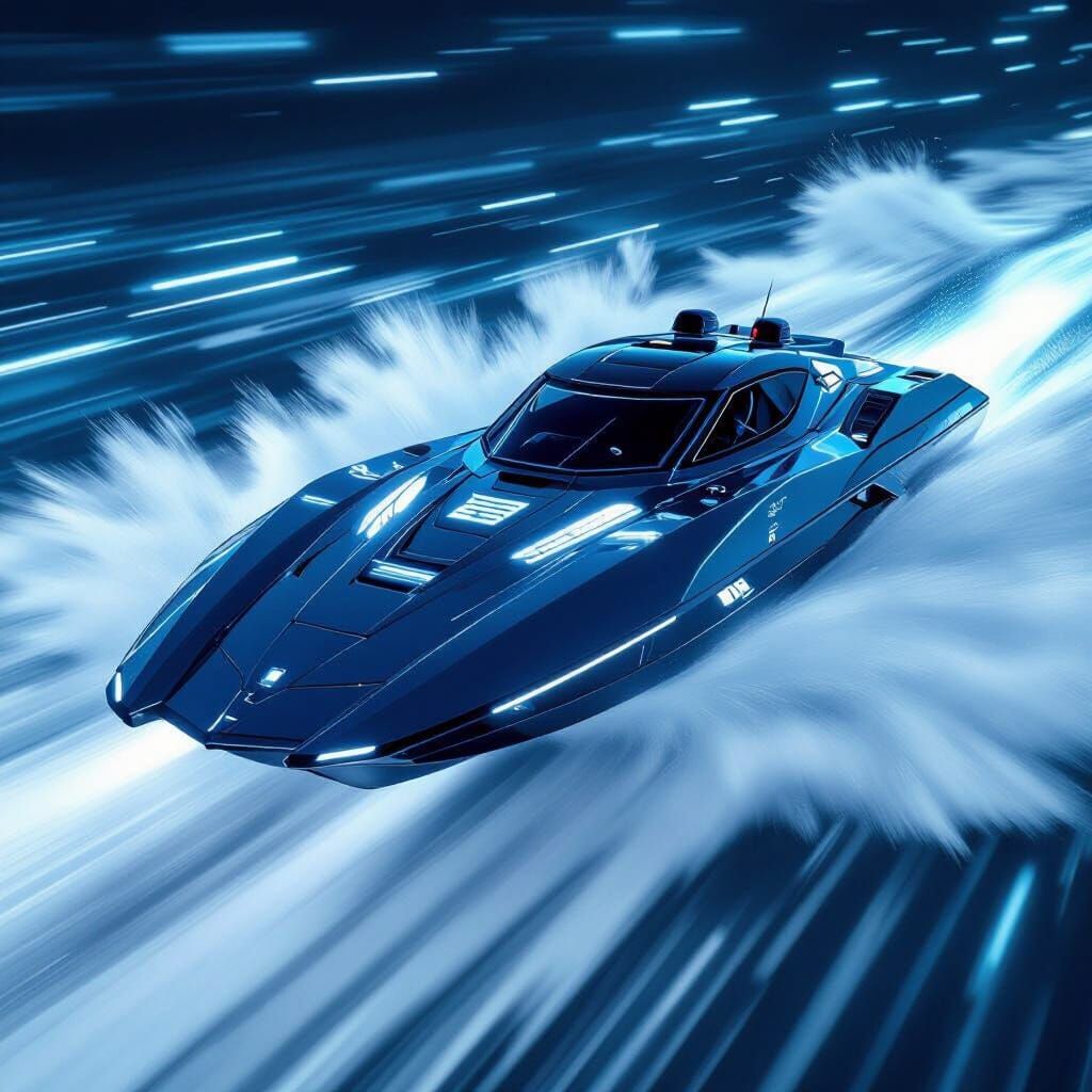 Futuristic Speedboat Cutting Through Waves