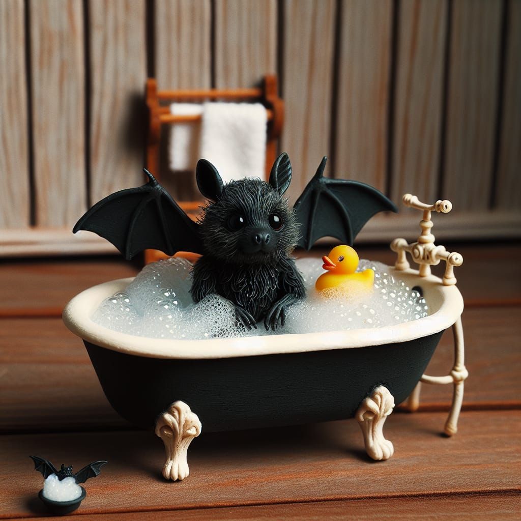 Whimsical Bat Takes a Soothing Bath in a Clawfoot Tub