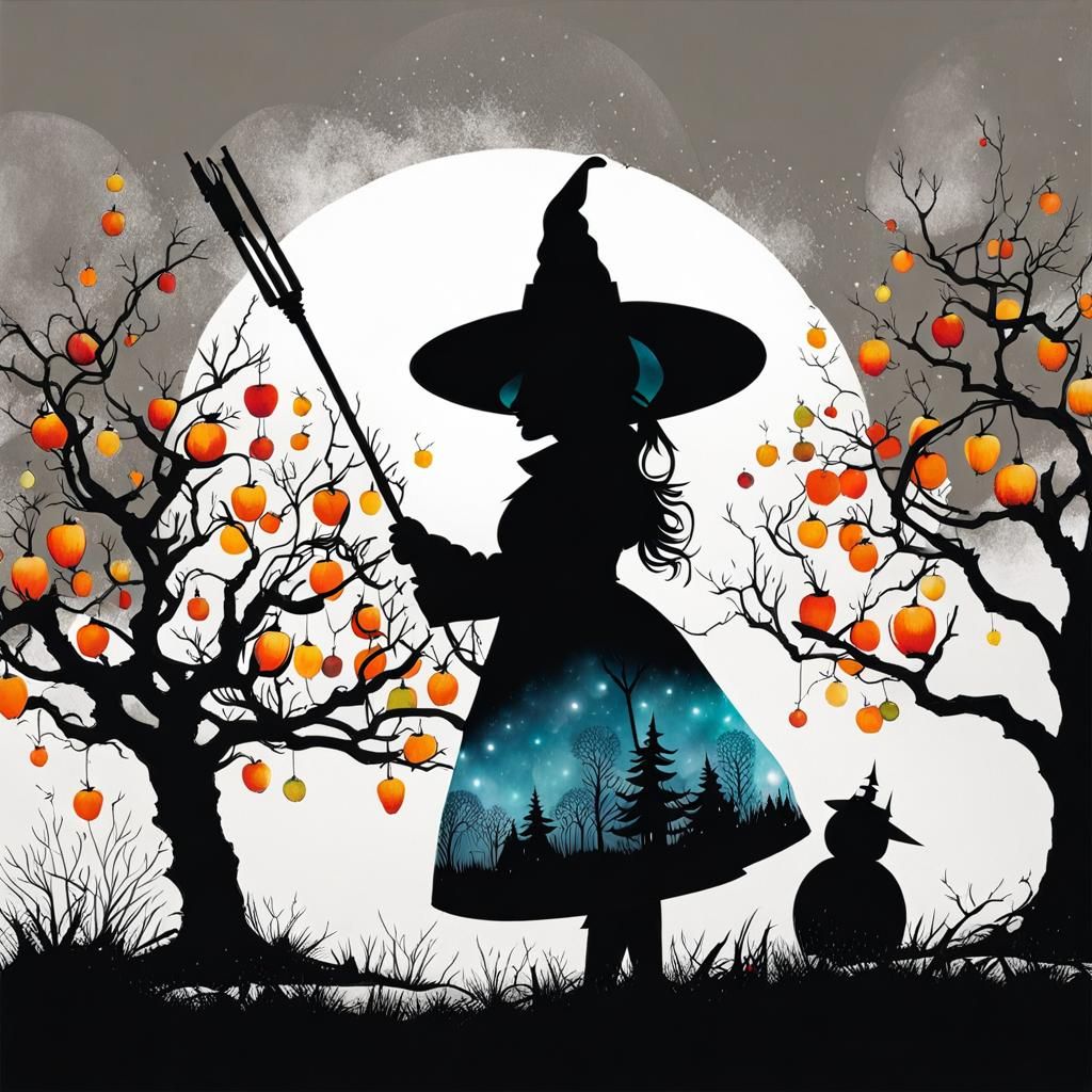 Snowman in Orchard Silhouette with Witch Hat