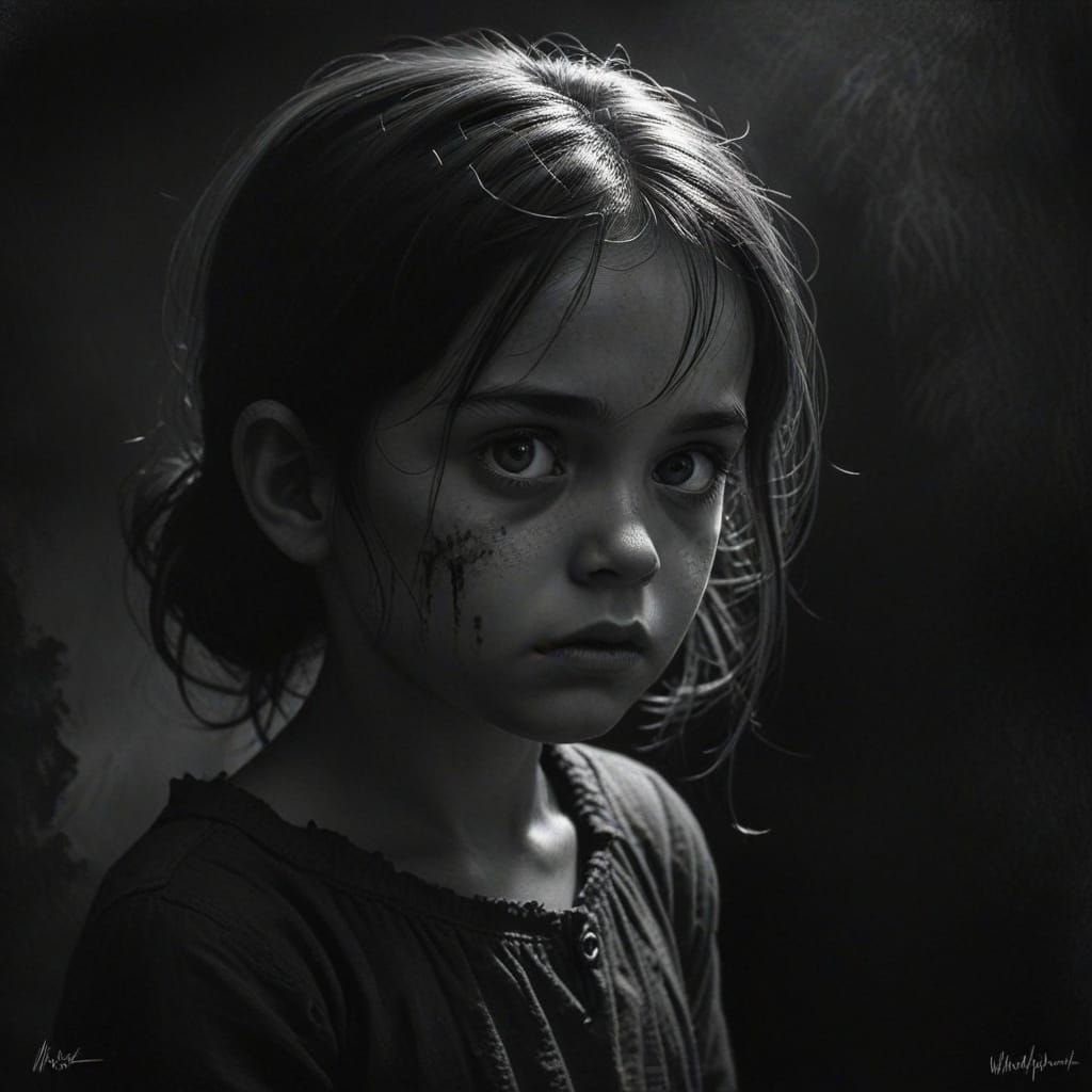 Gothic Shadows Encroach on Frightened Child in Charcoal Art