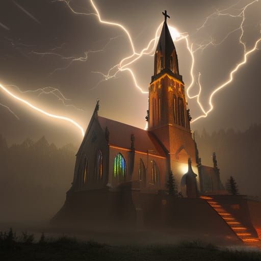 Lightning Strikes Church Steeple: Fantasy Concept Art