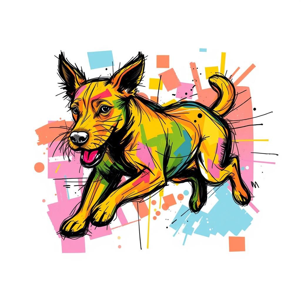 Cubist Dog Running: Pop Art Primary Colors Sketch
