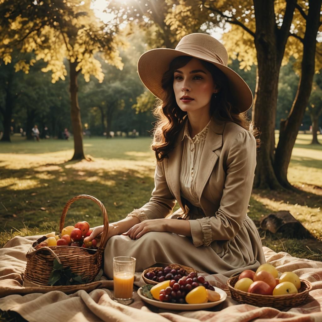 Edwardian Lady's Golden Hour Picnic: A Cinematic Still