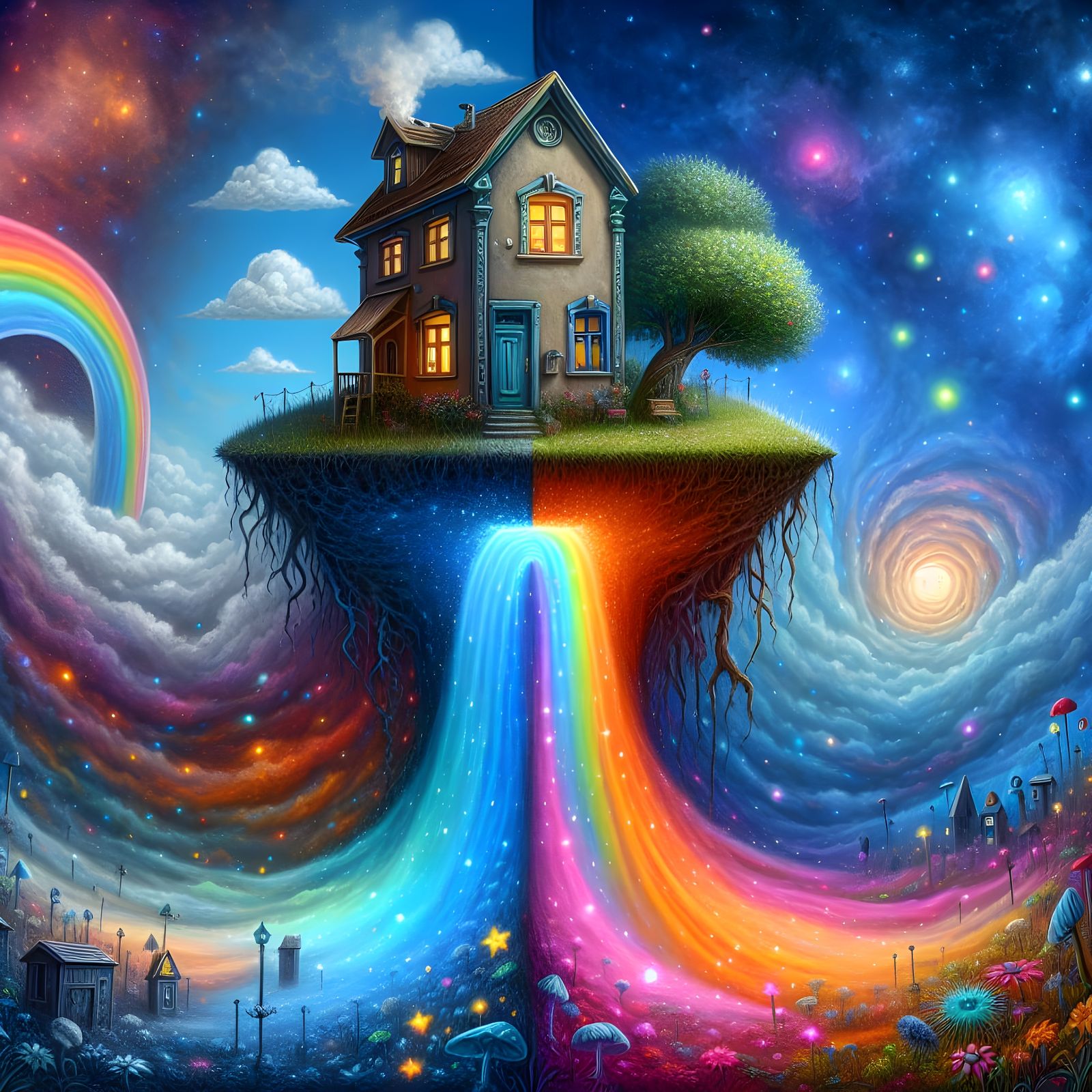 Surreal Crooked House Between Day and Cosmic Night Worlds