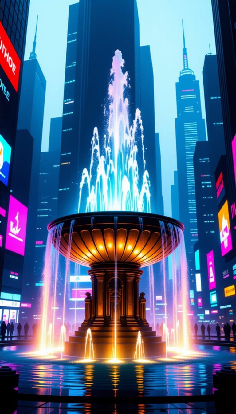 Futuristic Neon Fountain in Cyberpunk Cityscape