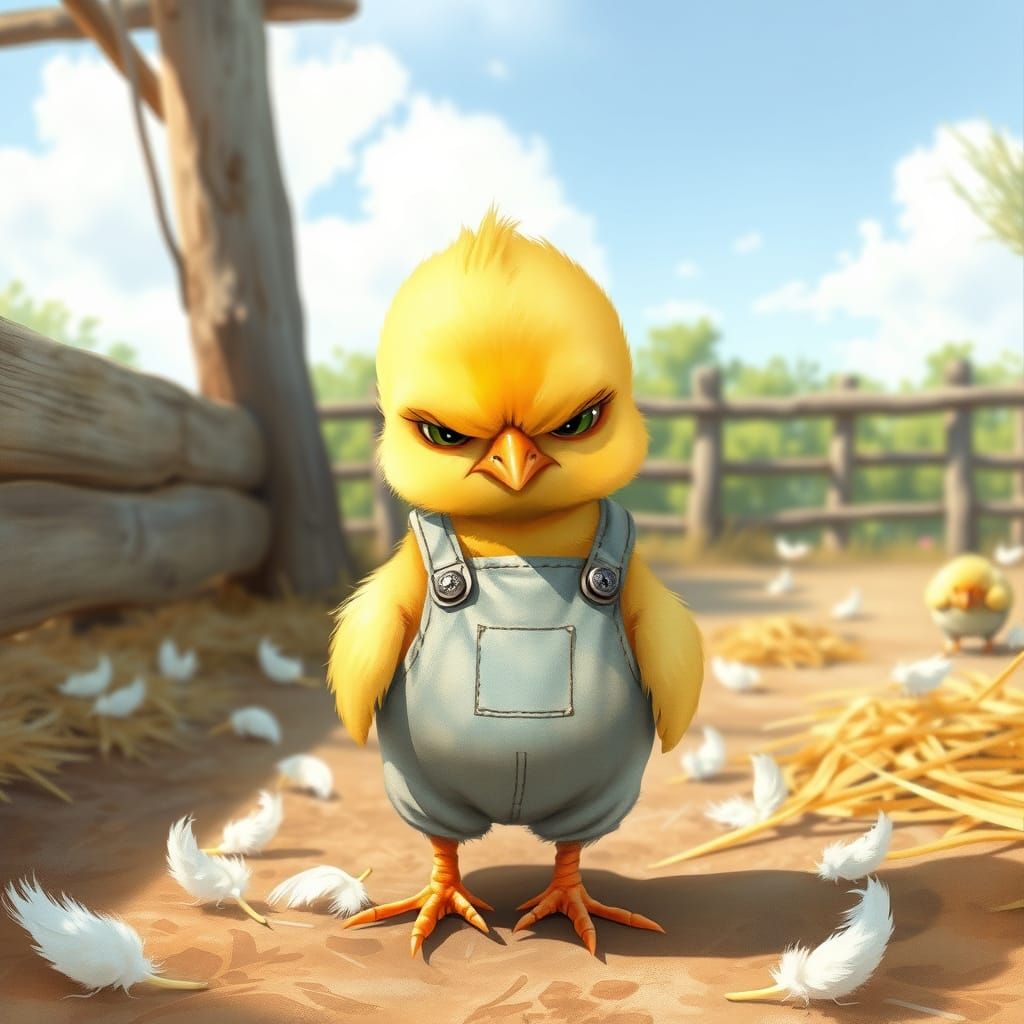 Grumpy Chick in Overalls: A Watercolor Farm Scene