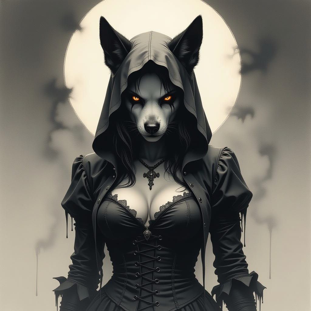 Monstrous Dog Demon Woman in Ink Wash Style