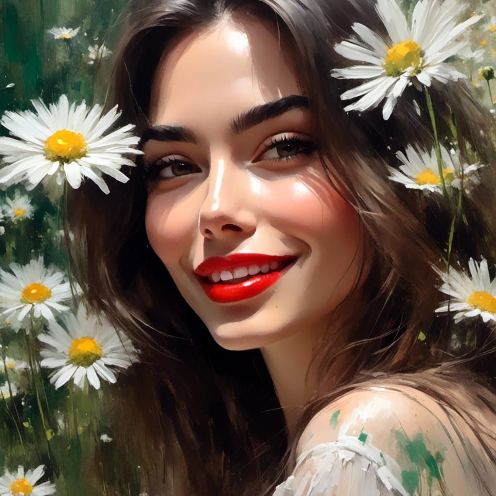 Anime Woman Portrait with Daisies and Brush Strokes