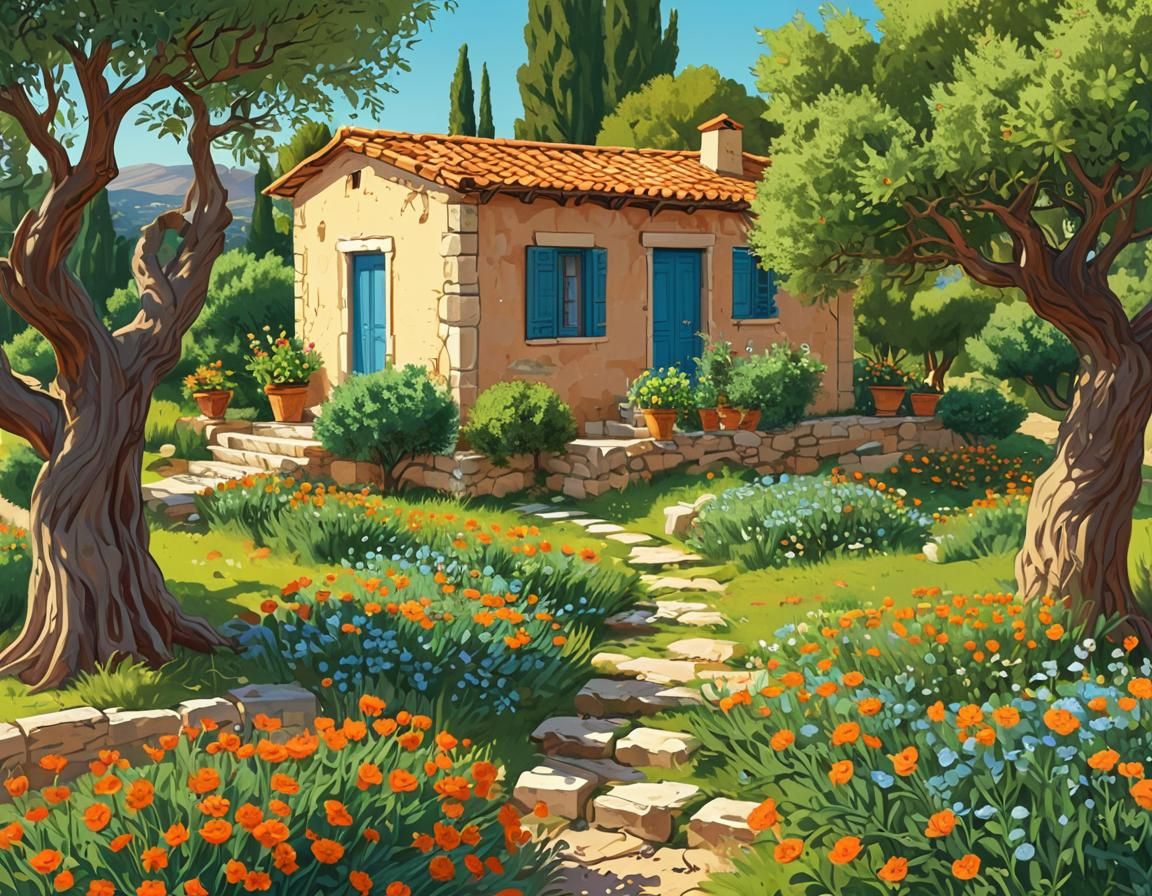 Comic Book Style Ancient Greek Village Scene with Lush Garde...