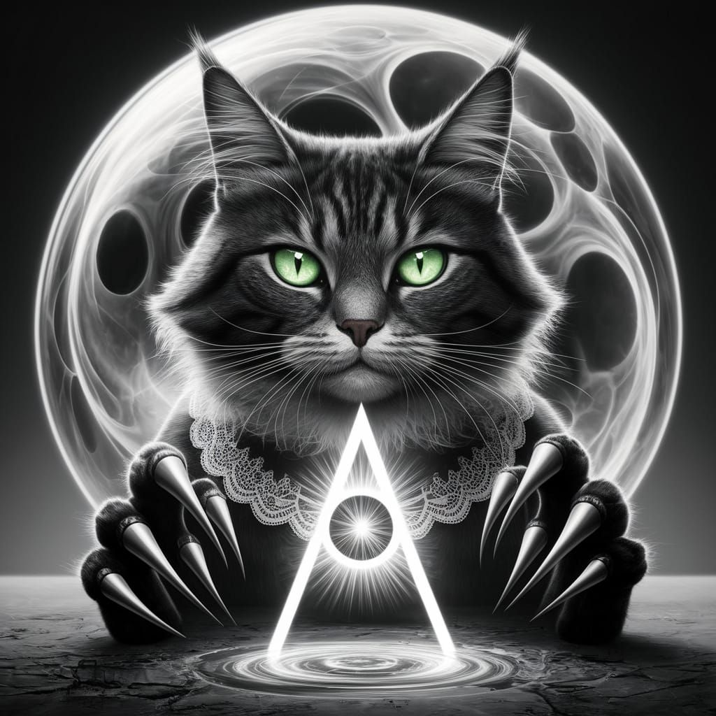 Surreal Cat Adorns Elegant Orb in Hypnotic Black and White S...