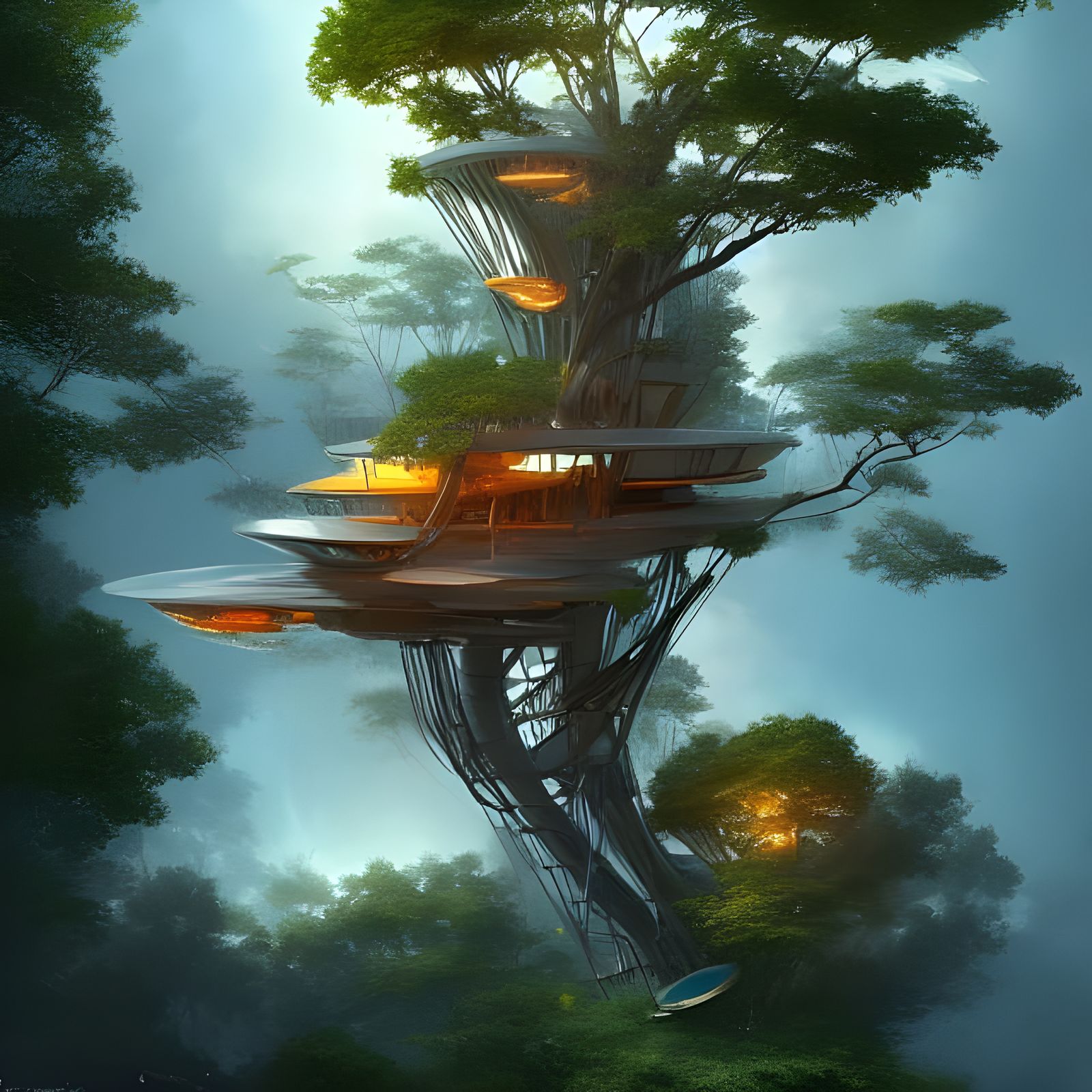 Futuristic Treehouse on Island: Digital Illustration