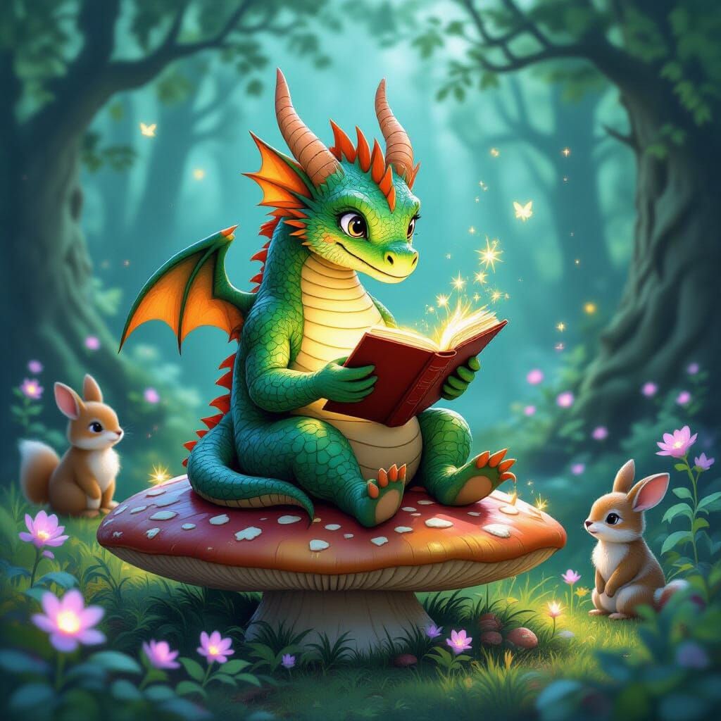 Dragon Reads to Forest Animals in Pastel Fantasy Style
