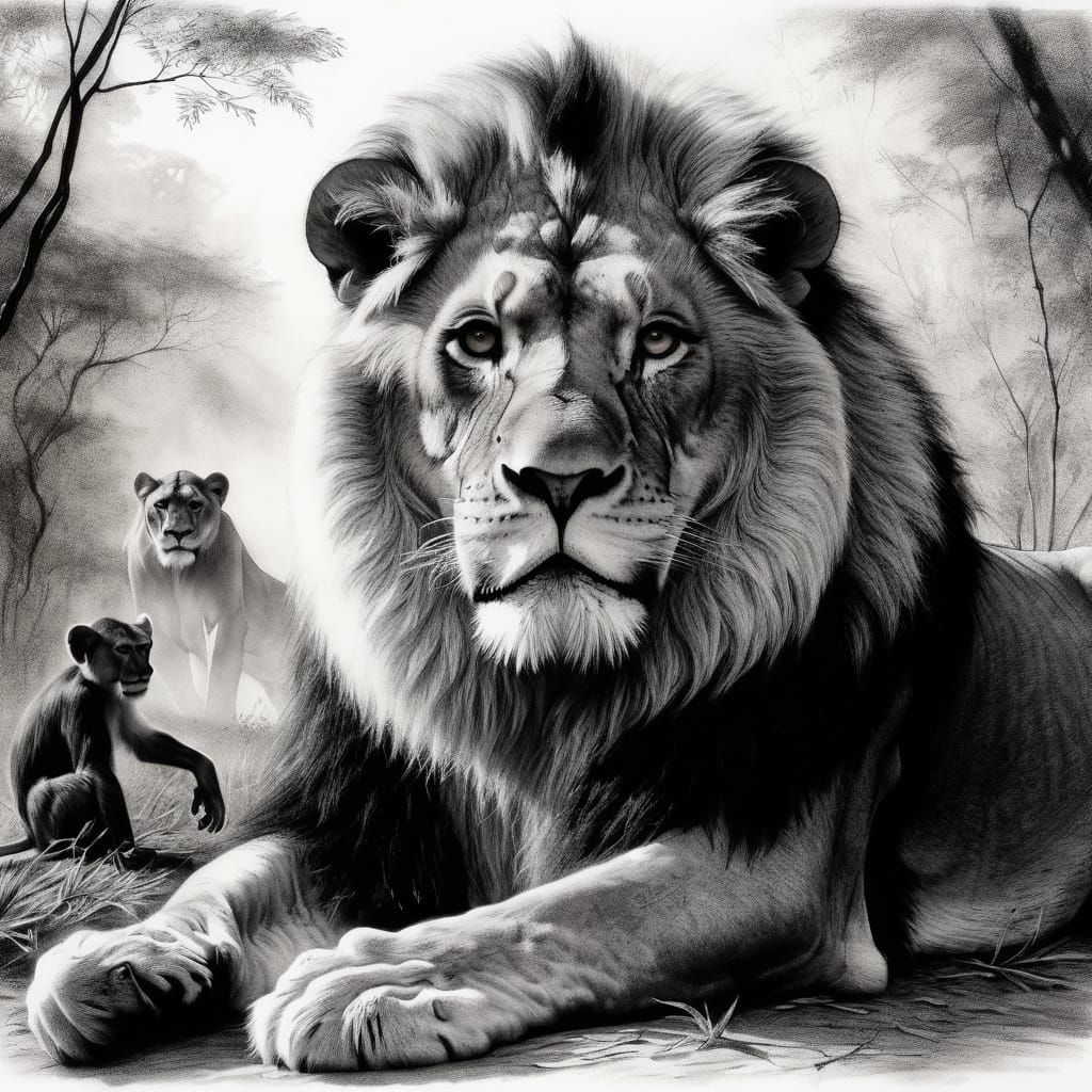 Lion and Monkey in Charcoal Drawing, Close Up