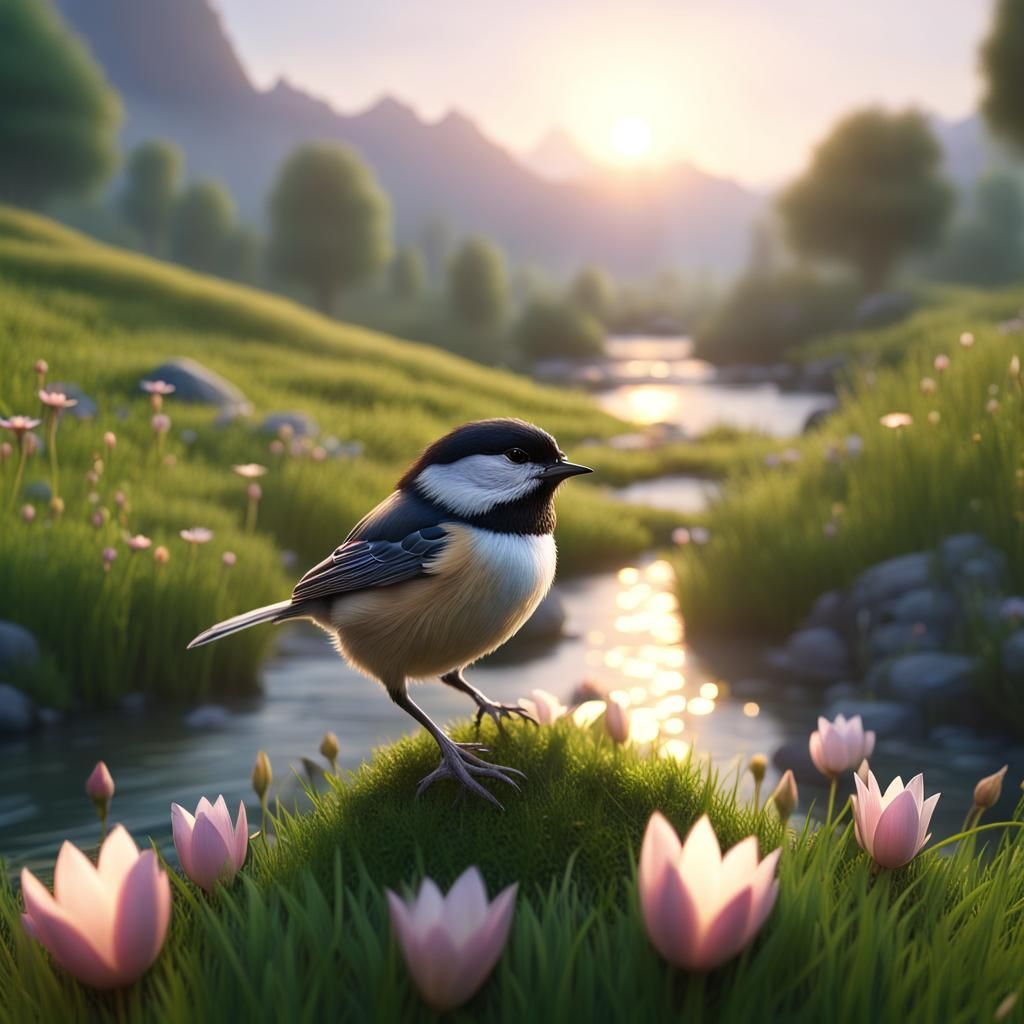 Chickadee in Lush Meadow: Fantasy Concept Art