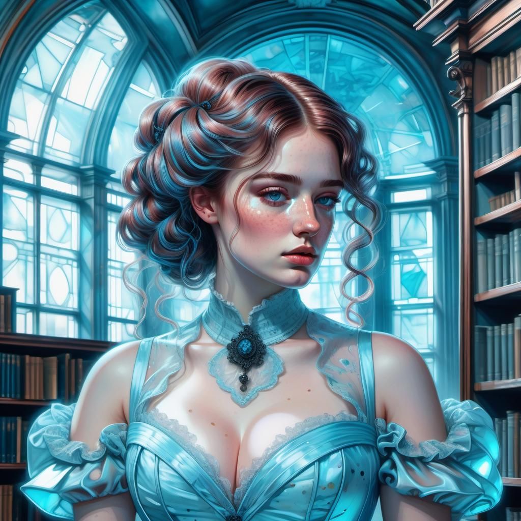 Victorian Woman in Library with Auburn Hair