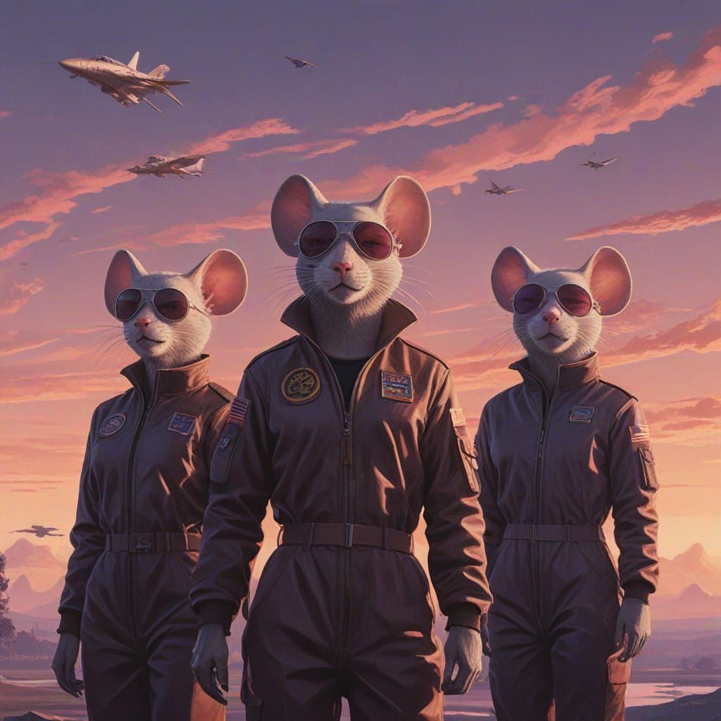 Three mice in sunglasses flying jets, in the heavens surroun...