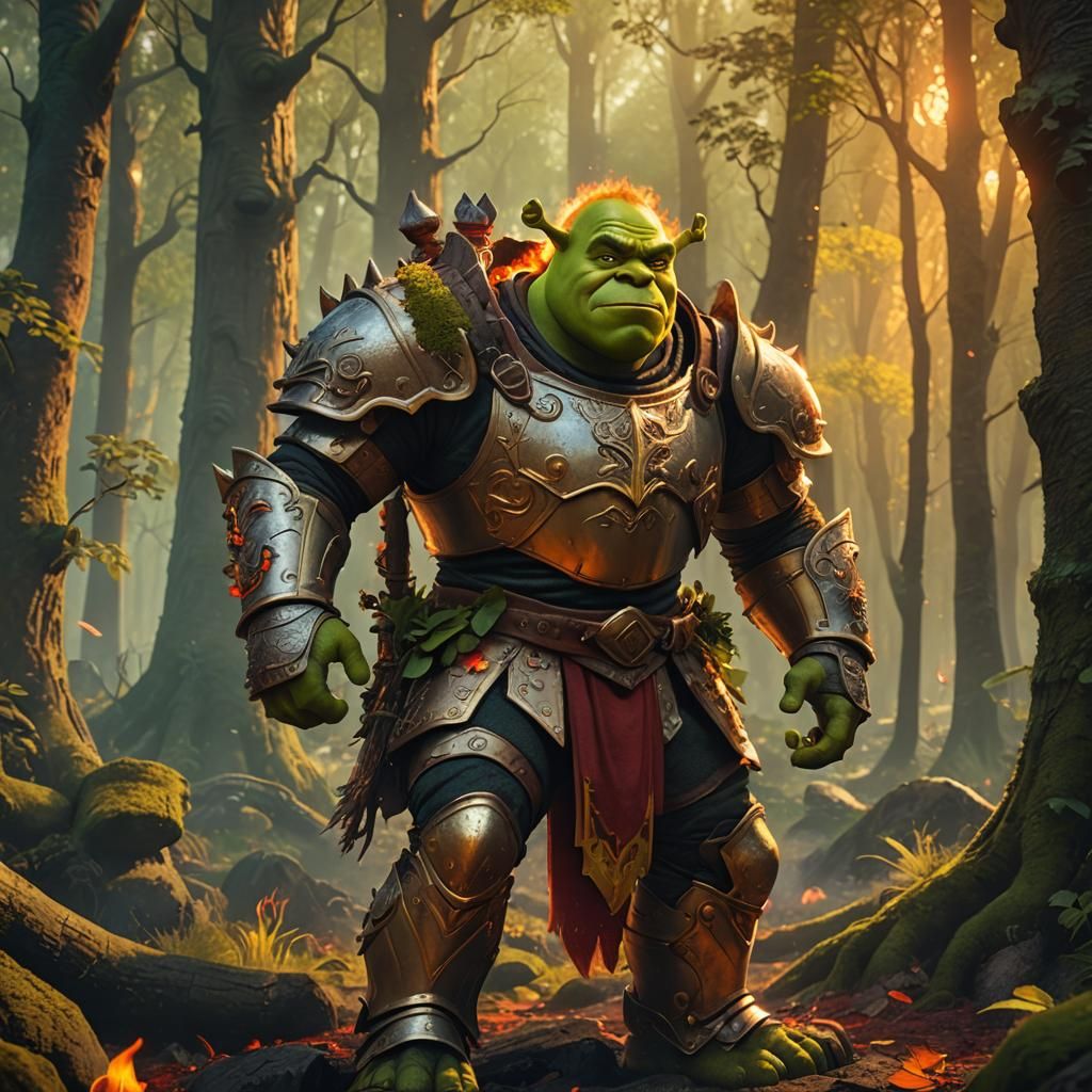Shrek in Fiery Armor in Mystical Forest