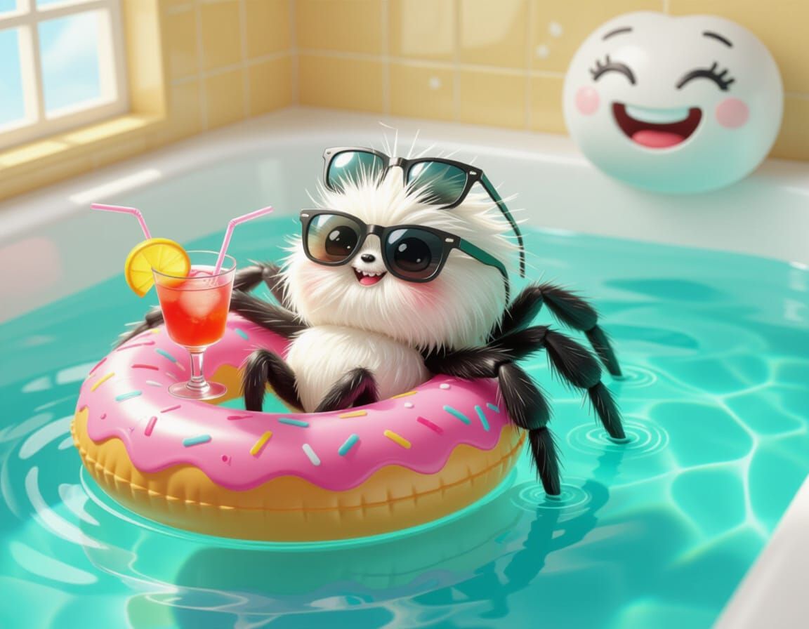 Cute Spider Relaxing in Giant Bathtub with Face