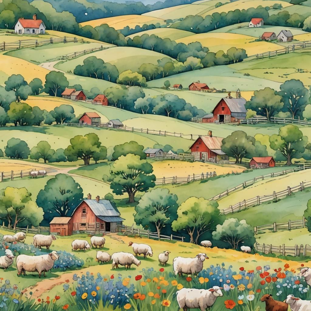 Idyllic Farm Scene in Watercolor Cartoon Style