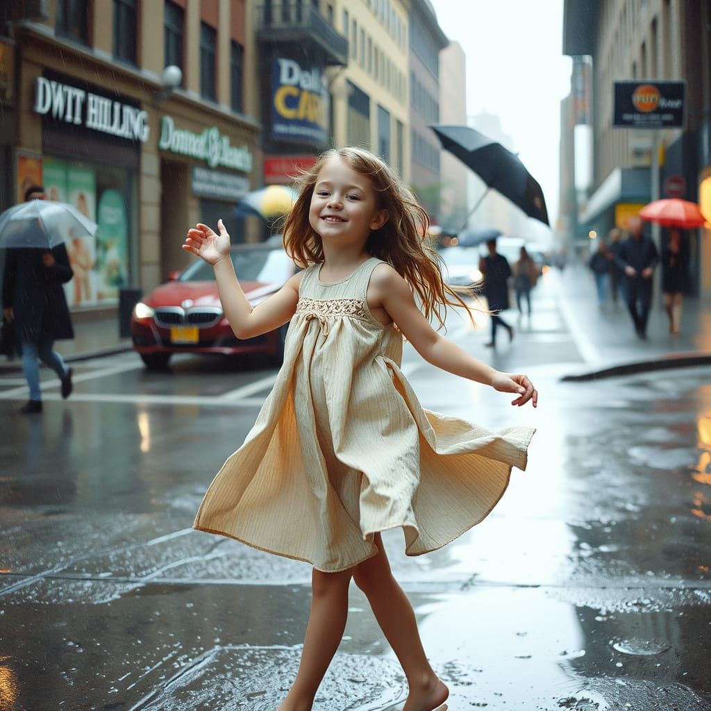 Girl's Joyful Rain Dance in Cityscape