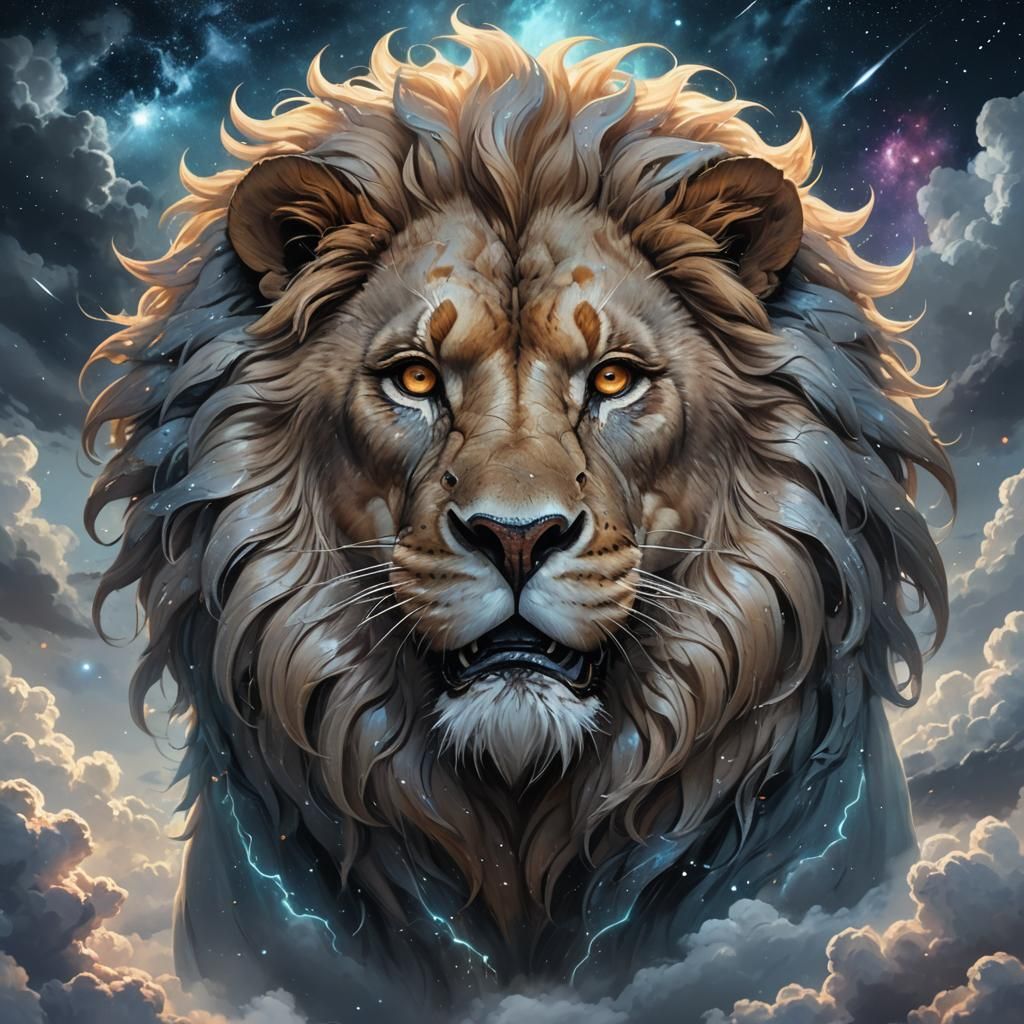 Ghost Lion Head in Starry Sky, Oil Painting