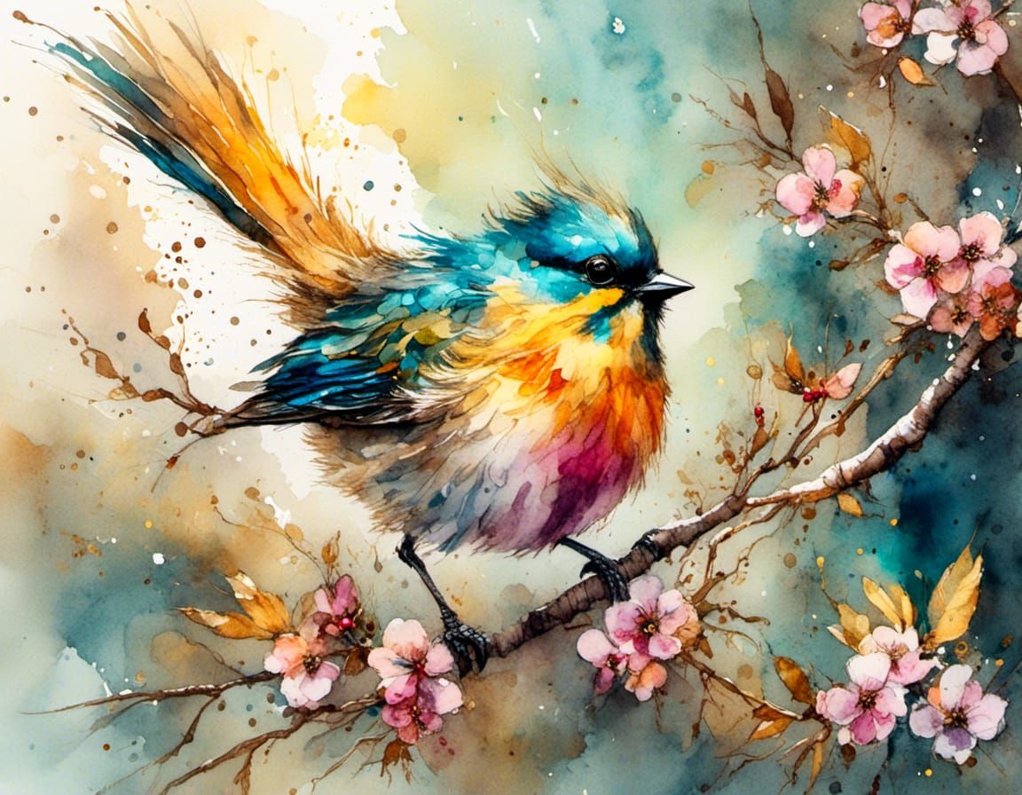 Vibrant Watercolor Bird Portrait with Lacy Details