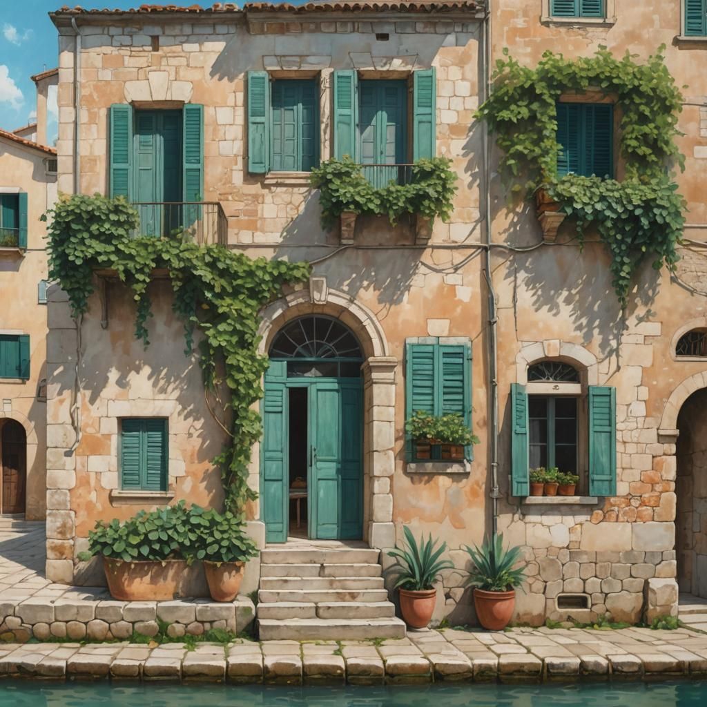 Mediterranean Villa: Charcoal Drawing in Morandi Style