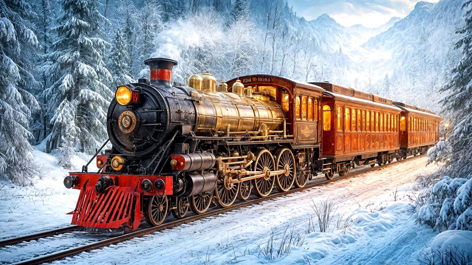 Majestic Steam Train in Snowy Wonderland, Art Nouveau Style