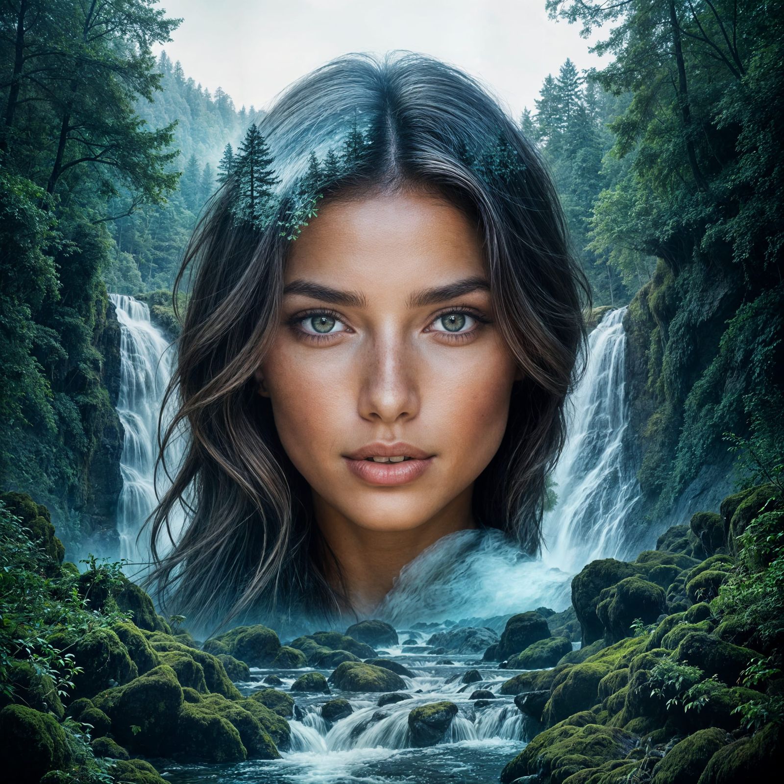 Epic Woman with Forest and Waterfall Triple Exposure