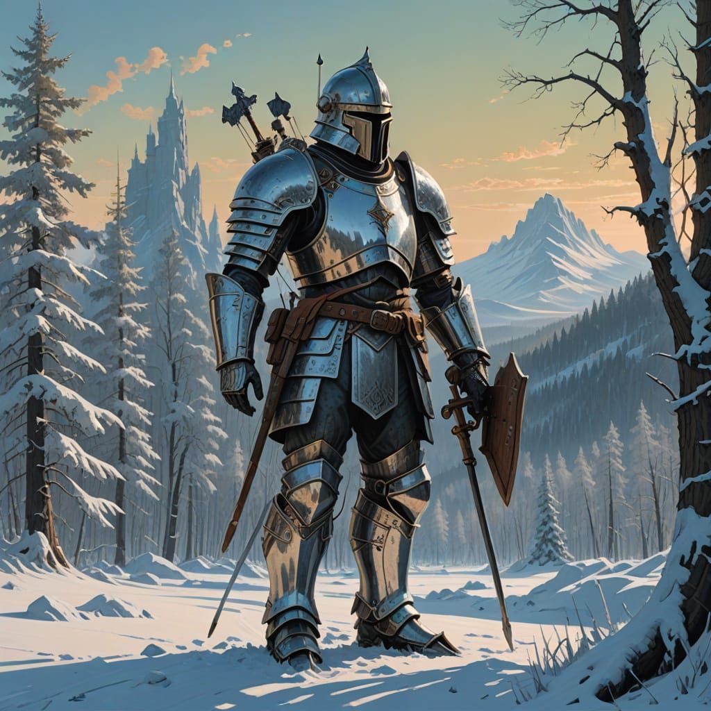Ethereal Knight in Frosty Armor on Snowy Plain
