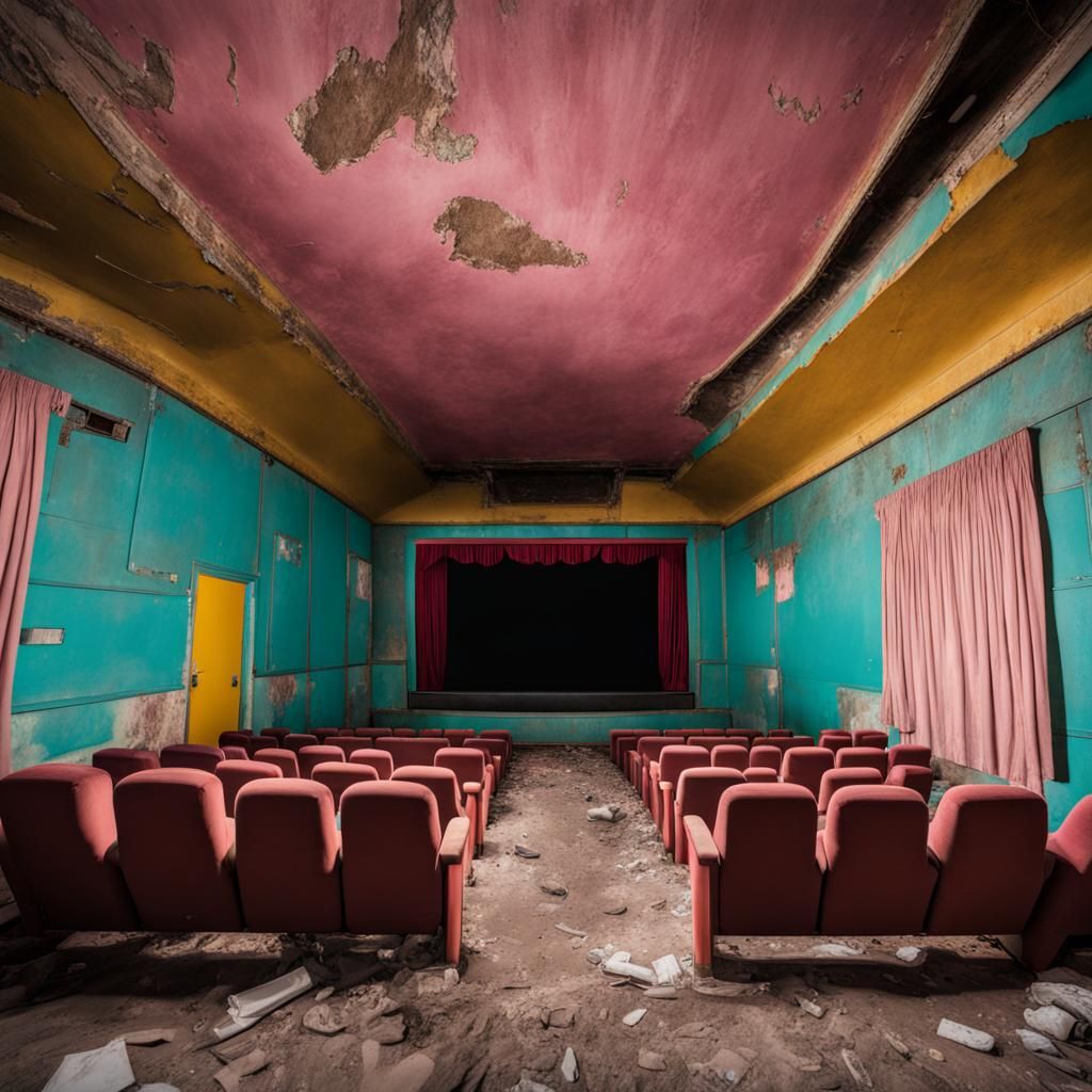 Abandoned Mini Movie Theater with Weathered Colors