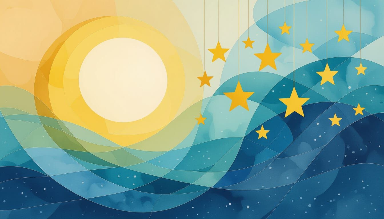 Yellow Stars in Watercolors on Ink Line Art