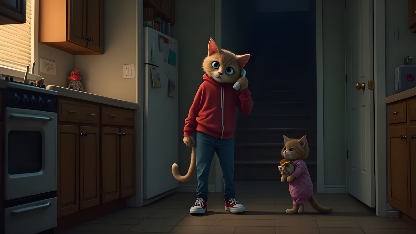 Teenage Cat in Kitchen: 90s Suburban Thriller